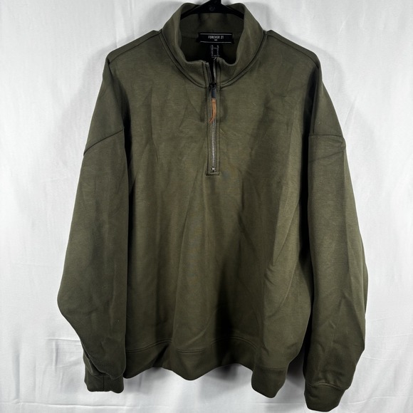 Forever 21 Men's Olive Green Quarter-Zip Pullover Sweatshirt - Picture 2 of 4